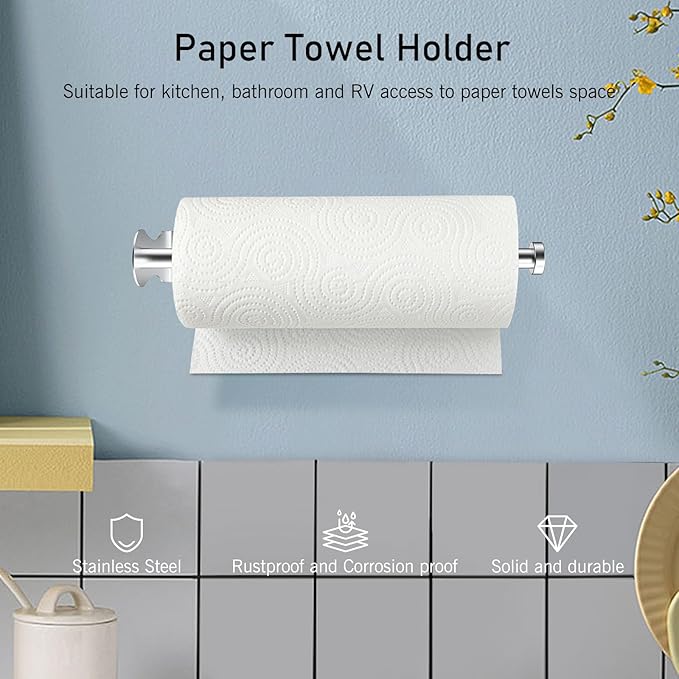 SetSail Paper Towel Holder, 2 Packs Single Hand Operable Paper Towel Holder Under Cabinet with Adjustable Damper Easy Tear Wall Mount Self-Adhesive or Drilled for Kitchen Bathroom, Silver - Image 7