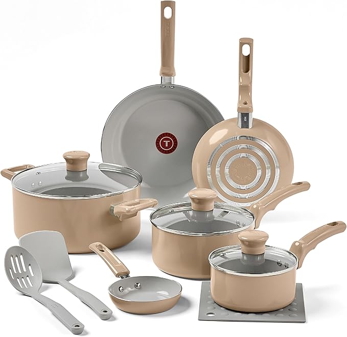 T-Fal Refresh Ceramic Nonstick Cookware Set, 12-Piece, Oven Safe to 350°F, Includes Stockpot, Griddle, Frying Pans, Utensils, Ceramic Pots and Pans Set, Sand Beige by T-falbrand