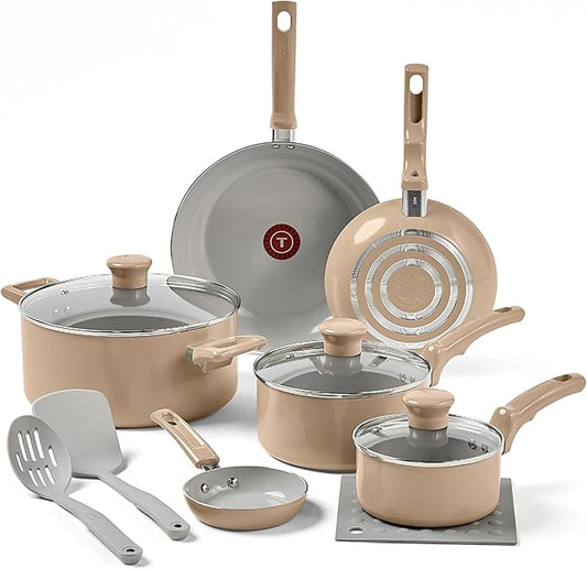 T-Fal Refresh Ceramic Nonstick Cookware Set, 12-Piece, Oven Safe to 350°F, Includes Stockpot, Griddle, Frying Pans, Utensils, Ceramic Pots and Pans Set, Sand Beige by T-falbrand