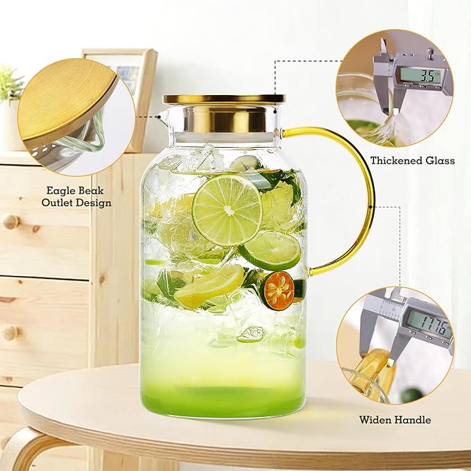 2 Pack 2 Liter/68oz Glass Pitchers with Lid and Handle, Glass Water Pitcher with Lid and Spout for Fridge, Iced Tea, Coffee, Borosilicate Glass Carafe for Hot/Cold Brew Drink