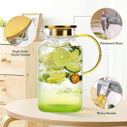 2 Pack 2 Liter/68oz Glass Pitchers with Lid and Handle, Glass Water Pitcher with Lid and Spout for Fridge, Iced Tea, Coffee, Borosilicate Glass Carafe for Hot/Cold Brew Drink