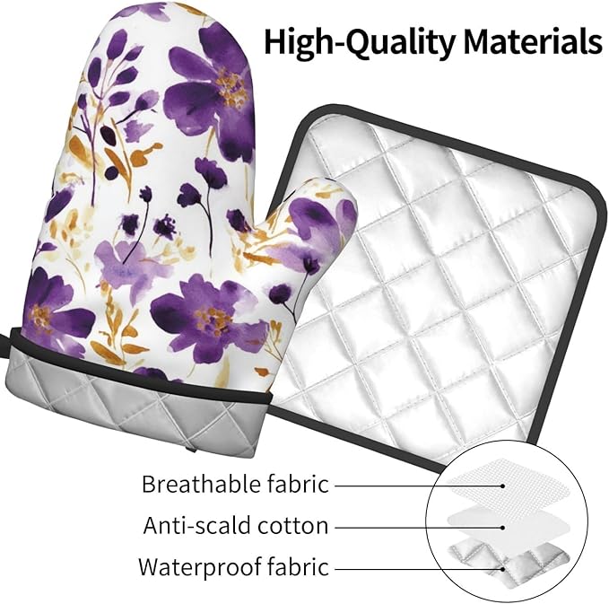 Spring Purple and Gold Floral Oven Mitts and Pot Holders Sets of 3, Non-Slip Heat Resistant Watercolor Flower Design Kitchen Gloves, Gifts for Women Cooking, Elegant Kitchen Decor for Baking Cooking - Image 9