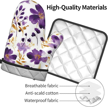 Spring Purple and Gold Floral Oven Mitts and Pot Holders Sets of 3, Non-Slip Heat Resistant Watercolor Flower Design Kitchen Gloves, Gifts for Women Cooking, Elegant Kitchen Decor for Baking Cooking - Image 9
