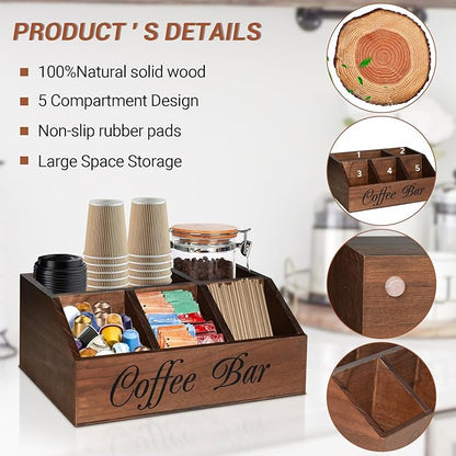 ugiftt Coffee Station Organizer for Counter, Wood Coffee Pods Holder Storage Basket, Tea Condiment Storage Organizer, Rustic Coffe Bar Decor for Accessories - Image 6