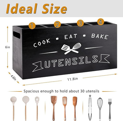 Large Black Utensil Organizer with Removable Dividers - Ideal Wooden Kitchen Countertop Organizer （black 4 Compartment）