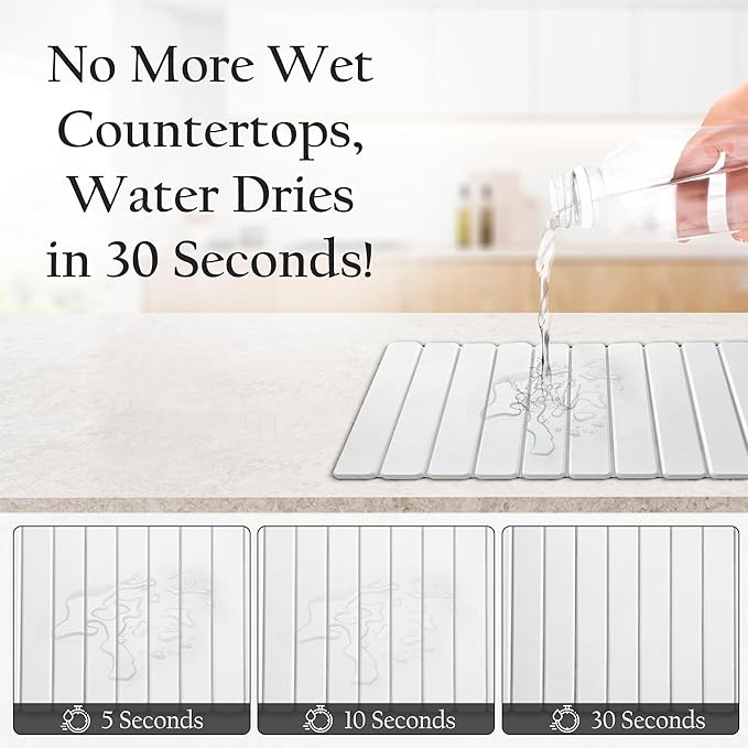 Large Stone Drying Mat for Kitchen Counter | Premium Diatomaceous Earth Coaster Set for Dishes | Non-Slip Kitchen Sink Mat | Fast-Absorbing, Eco-Friendly | 23" x 15.5" (White)