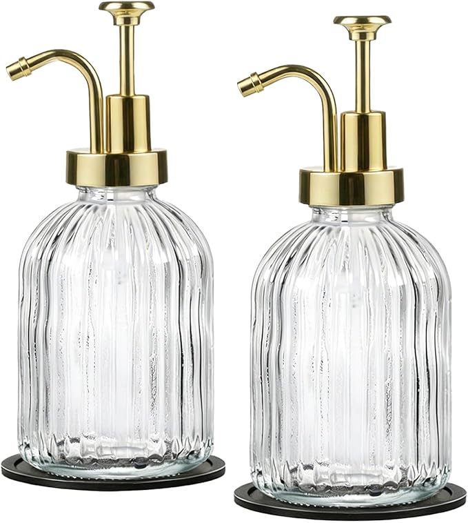SheeChung Clear Glass Soap Dispenser, 12 Oz Liquid Hand Soap Dispenser with Pump, Refillable Lotion Dish Soap Dispenser for Kitchen, Stripes Shampoo Bottle, Bathroom Countertop (Gold Pump, 2 Pack)