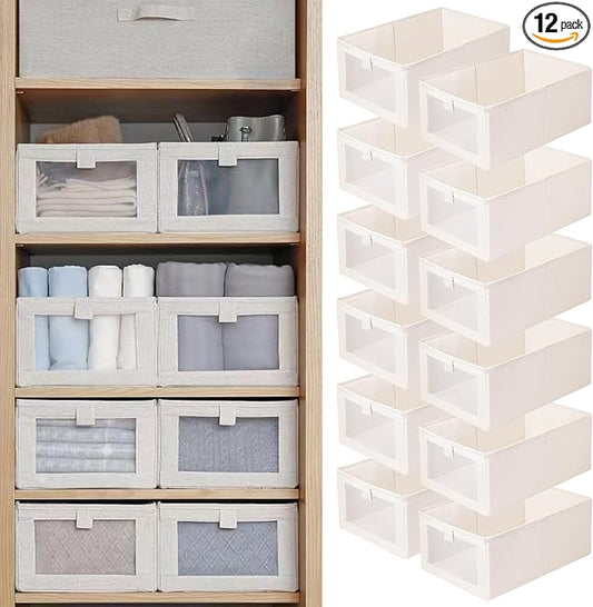Linen Closet Organizers And Storage, 12 Pack Closet Storage Bins Linen Closet Baskets for Closet Organization Foldable Closet Organizer Bins with Clear Window For Organizing Clothing, Jeans, Shelves by Pradnel
