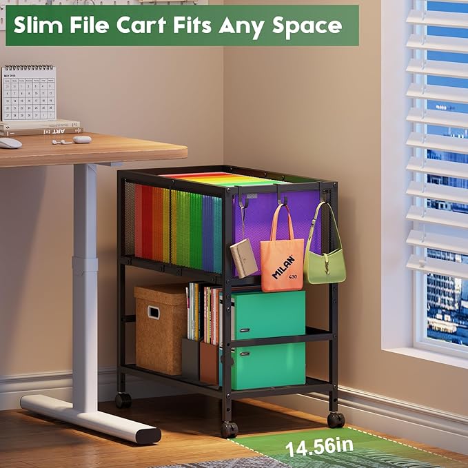 Rolling File Cart for Letter Size, Metal Hanging File Organizer with Storage Shelf, 2-Tier Mobile File Cabinet with 360° Wheels & Hooks, Under Desk Filing Cabinets for Home Office, Black