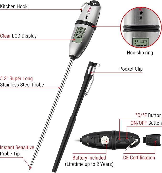 TempPro TP02S Digital Food Thermometer for Cooking Bread Baking Sourdough Liquids, Meat Thermometer Digital with Super Long Probe for Kitchen BBQ Yogurt Candy Making Accessory (Previously ThermoPro) - Image 8
