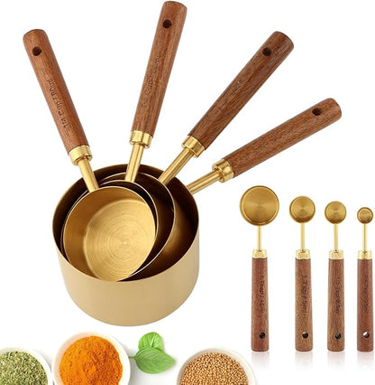 8Pcs Gold Measuring Cups and Spoons Set, Golden Stainless Steel Measuring Cups with Wooden Handle and 4 Measuring Spoons Set for Kitchen Baking Cooking by Unknown