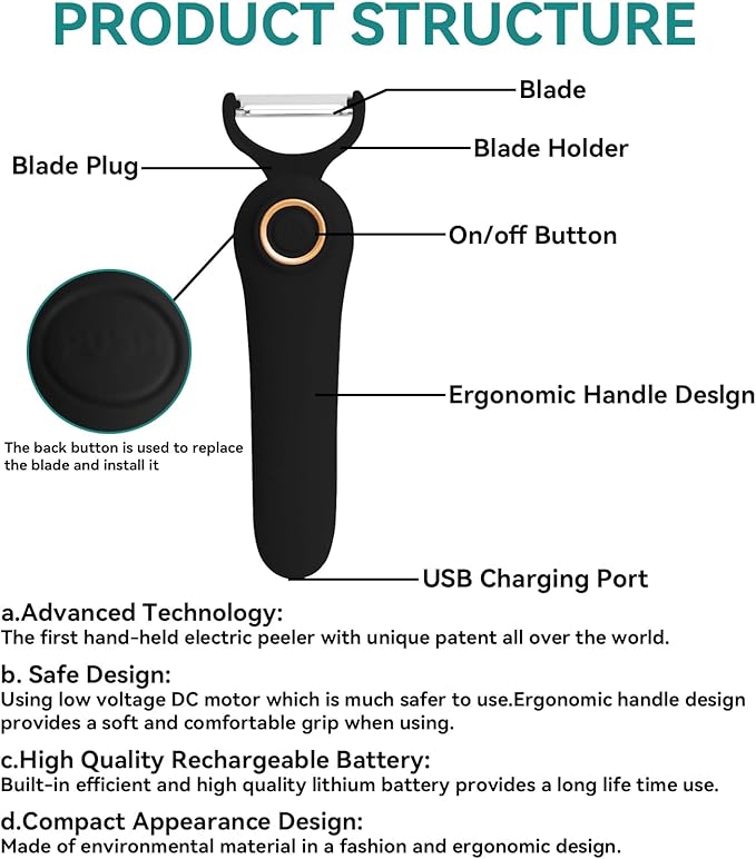 3-in-1 Electric Peeler | Auto Blade for Fruits/Vegetables | 3 Interchangeable Blades | Type-C Charging,Battery Capacity 1500 mAh | Kitchen, Travel, Camping - Image 3
