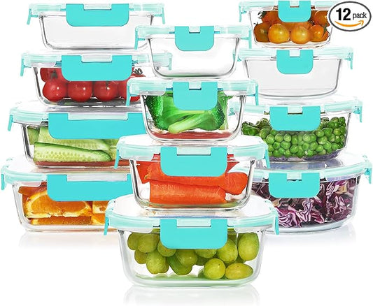 KOMUEE 24 Pieces Glass Food Storage Containers Set, Meal Prep Containers, BPA-Free Airtight Glass Storage Containers with lids, Freezer, Microwave and Oven Safe,Green