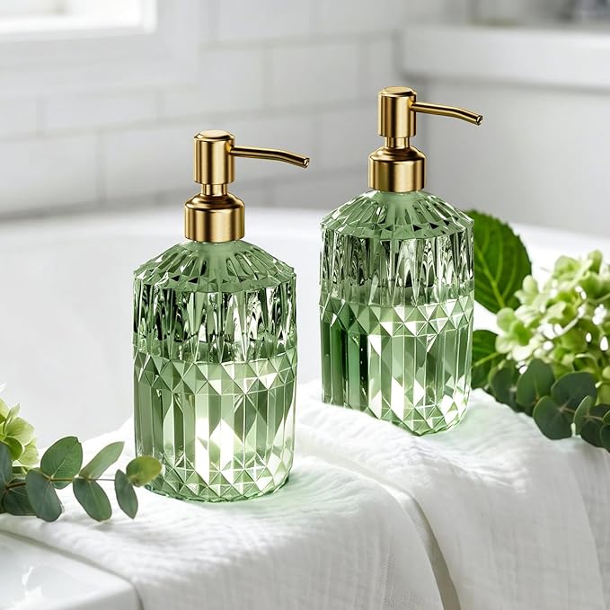AmazerBath Soap Dispenser, 2 Pack Green Glass Soap Dispenser with Pump Stainless Steel, 14.2OZ Luxury Gold Hand Soap Bottles Bathroom Kitchen - Image 9