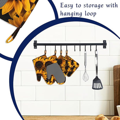 Spring Sunflowers Oven Mitts and Pot Holders Sets of 4 Yellow Flowers Heat Resistant Silicone Oven Mits Gloves Non-Slip Kitchen Mittens Potholders for Cooking Baking Grilling BBQ