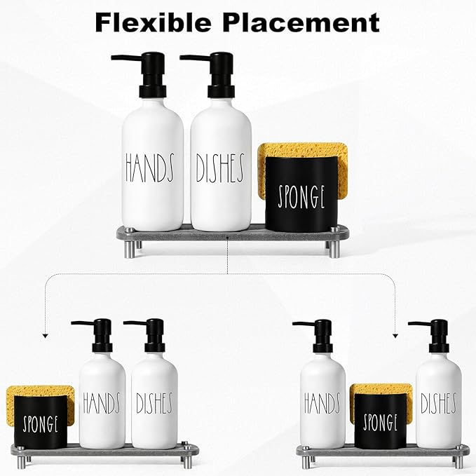 Kitchen Soap Dispenser Set,16.9 fl oz Hand and Dish Soap Dispensers with Tray, Kitchen Soap Dispenser Set with Sponge Holder, Instant Dry Tray,Kitchen Decor(White&Black)