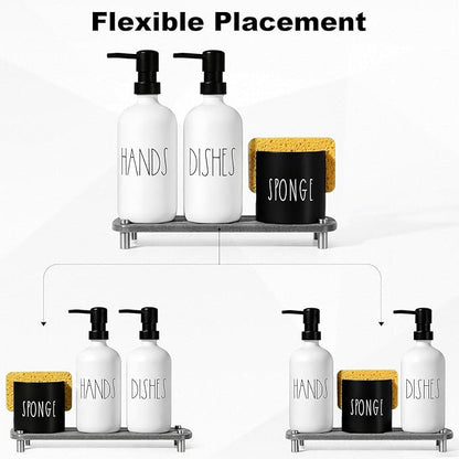 Kitchen Soap Dispenser Set,16.9 fl oz Hand and Dish Soap Dispensers with Tray, Kitchen Soap Dispenser Set with Sponge Holder, Instant Dry Tray,Kitchen Decor(White&Black)