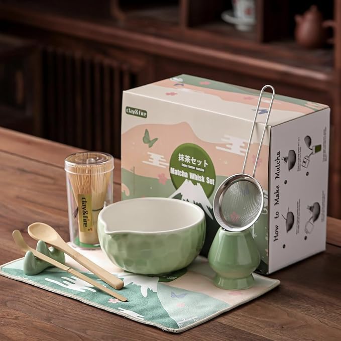 Clay&Fire Matcha Whisk Set, 9 pcs Ceramic Matcha Set, Gifts for Women,Matcha Bowl with Spout and Whisk, Matcha Kit for Matcha Lovers, Ideal Gift Christmas, Birthday, Anniversary(Pink) (Jade Green) - Image 5