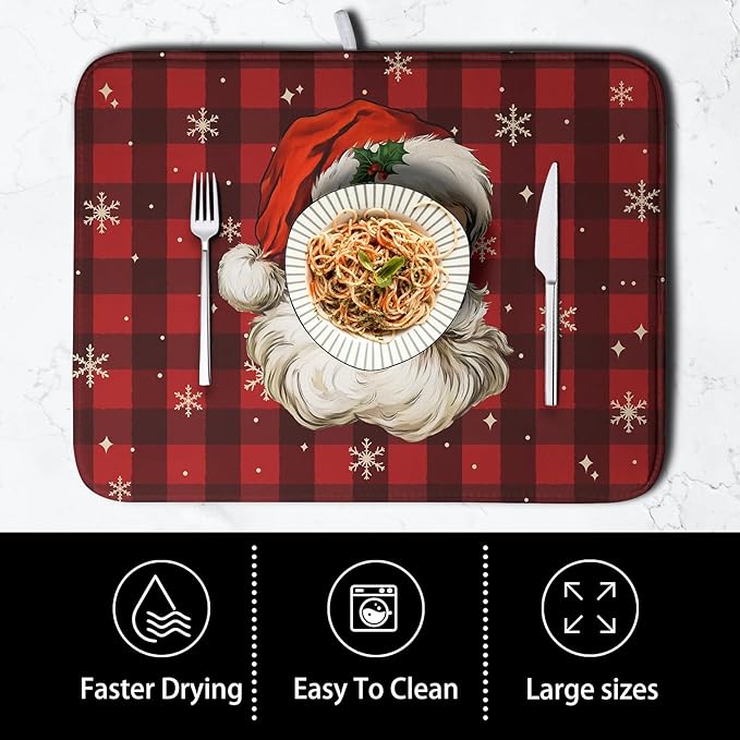 Santa Claus Christmas Dish Drying Mat Xmas Red and Black Buffalo Plaid Snowflake Drying Mats Winter Holiday Dishes Drying Pad Microfiber Absorbent Dish Drainer Rack Mat 18x24 Inch - Image 4