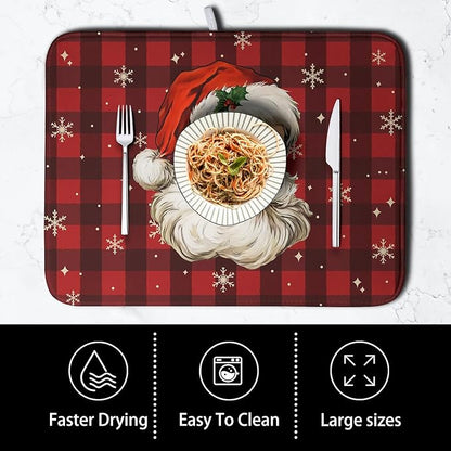 Santa Claus Christmas Dish Drying Mat Xmas Red and Black Buffalo Plaid Snowflake Drying Mats Winter Holiday Dishes Drying Pad Microfiber Absorbent Dish Drainer Rack Mat 18x24 Inch - Image 4