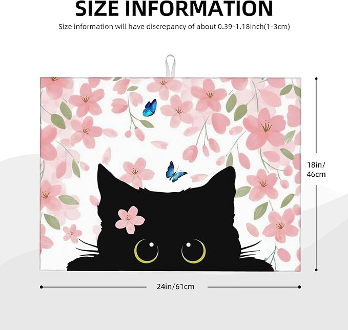 Flowers Black Cat Butterfly Dish Drying Mat for Kitchen Counter, 18"x24" Microfiber Absorbent Fast Dry Mat, 2Pcs Dish Mat Faucet Mats Sets, Large Drying Kitchen Mat Kitchen Drying Pad Coffee Bar Decor