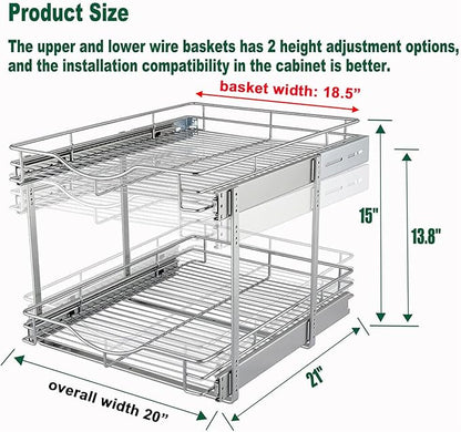 DINDON 2 Tier Pull Out Cabinet Organizer (20" W X 21" D), Double Tier Wire Basket Slide Out Shelf Storage for Kitchen Base Cabinet Organization ​for Kitchen, Pantry, Bathroom, Chrome - Image 3