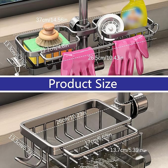 Kitchen Sink Faucet Organizer Multifunction Sponge Holder Organizer Sink Drain Holder Over Faucet Kitchen Sink Caddy with Hook Adjustable for 0.7-1.1inch Round Water Pipe (Silver, S)