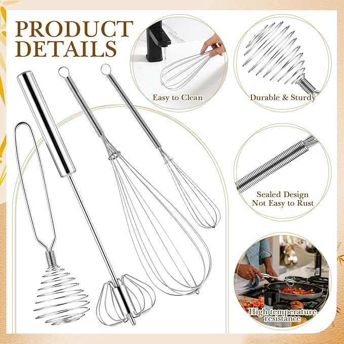 Teenyyou 10 Pcs Stainless Steel Whisks Set Egg Beater Semi Auto Whisk Blender Hand Push Beater Versatile Utensil for Kitchen Mixing Blending Beating Stirring Cooking 3 5 6 7 8 10 12 Inch - Image 3