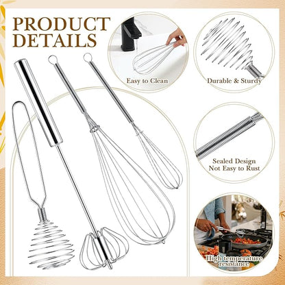 Teenyyou 10 Pcs Stainless Steel Whisks Set Egg Beater Semi Auto Whisk Blender Hand Push Beater Versatile Utensil for Kitchen Mixing Blending Beating Stirring Cooking 3 5 6 7 8 10 12 Inch - Image 3