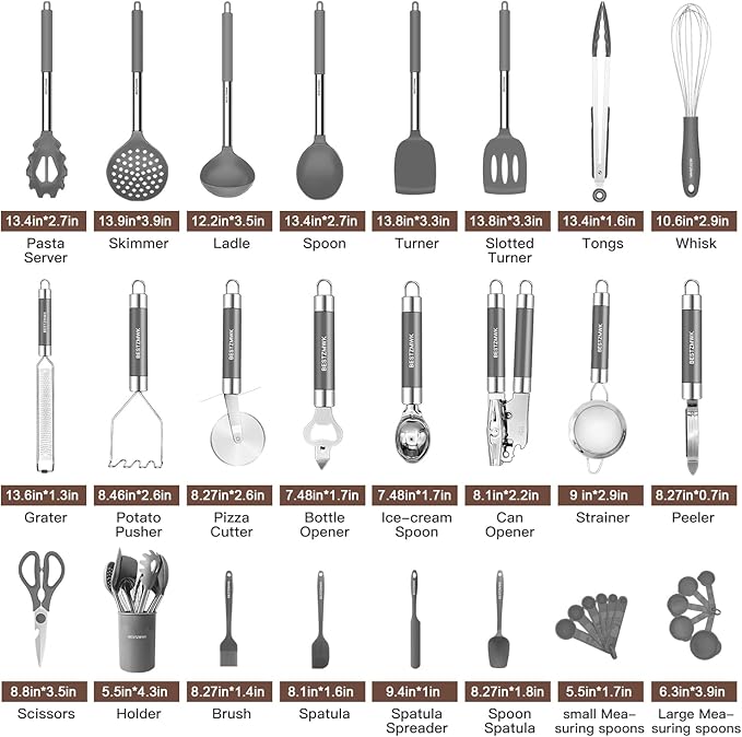 Kitchen Utensils Set-Silicone Cooking Utensils-32pcs Non-Stick Silicone Cooking Kitchen Utensils Spatula Set with Holder-Best Kitchen Cookware with Stainless Steel Handle (Grey) - Image 2