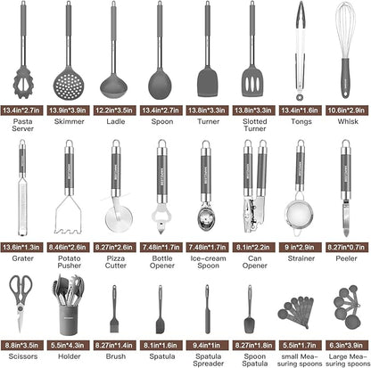 Kitchen Utensils Set-Silicone Cooking Utensils-32pcs Non-Stick Silicone Cooking Kitchen Utensils Spatula Set with Holder-Best Kitchen Cookware with Stainless Steel Handle (Grey) - Image 2