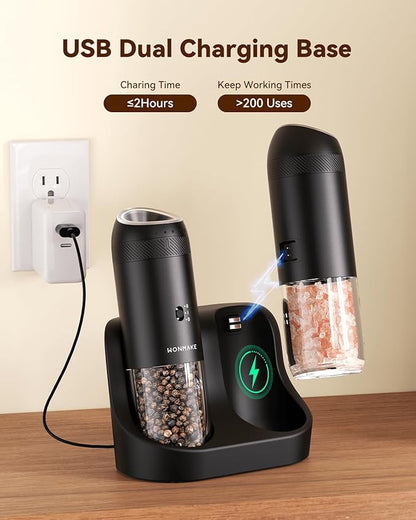 WONMAKE Gravity Electric Salt and Pepper Grinder Set with Charging Base, Automatic Salt and Pepper Mill, 6-Level Adjustable Coarseness, Dual Speed, and Large 5.95oz Capacity - Image 2