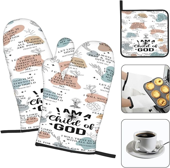 Christian Oven Mitts and Pot Holders Sets of 3, Heat Resistant Godmother Kitchen Gloves Hot Pads, Kitchen Cooking Baking Gifts for Women Cooks Bakers,Christian Gifts for Women Cooking Lover - Image 3