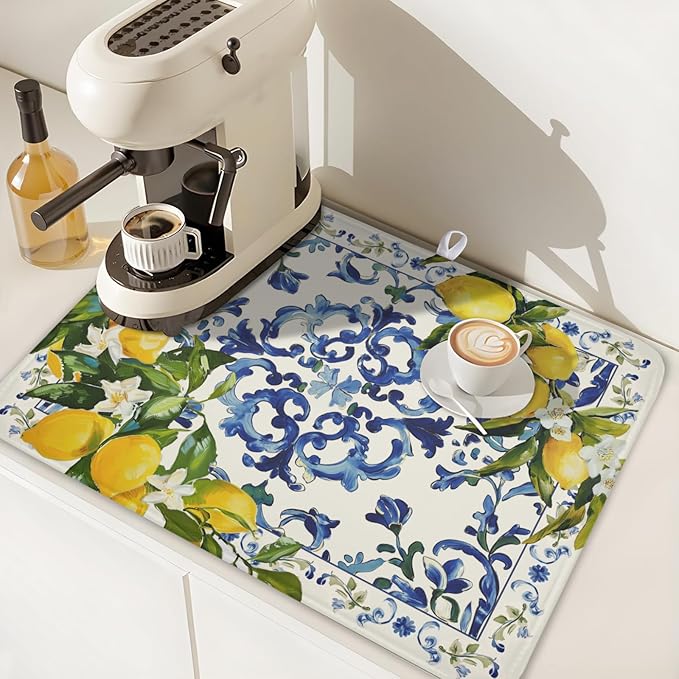 Lemon Dish Drying Mat 24x18 Inch, Blue Tiles Drying Mat with Absorbent Reversible Microfiber, Italian Olive Tree Dish Drainer Mats Summer Rack Pad for Coffee Countertop Kitchen Protector