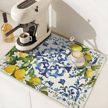 Lemon Dish Drying Mat 24x18 Inch, Blue Tiles Drying Mat with Absorbent Reversible Microfiber, Italian Olive Tree Dish Drainer Mats Summer Rack Pad for Coffee Countertop Kitchen Protector