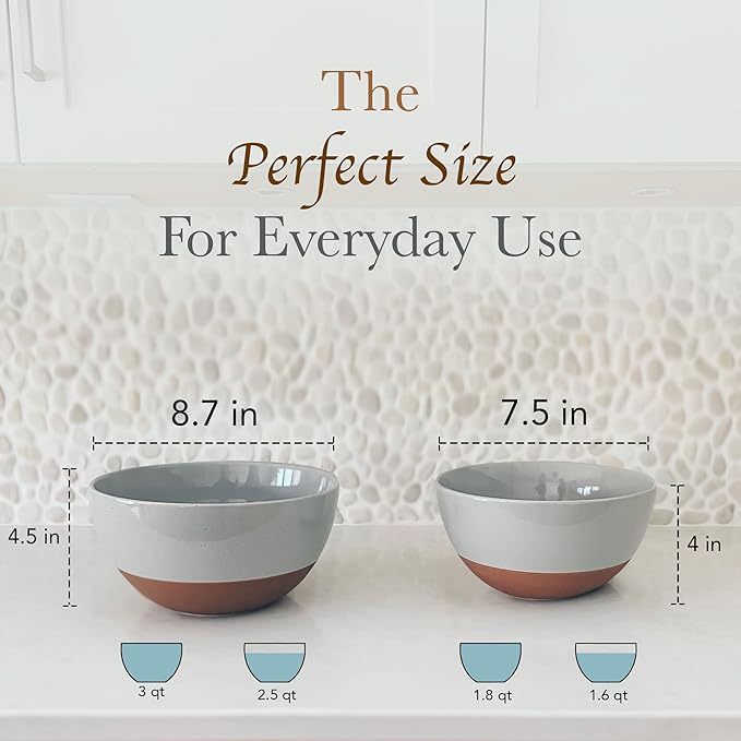 Mora Ceramic Large Mixing Bowls - Set of 2 Nesting Bowls for Cooking, Serving, Popcorn, Salad etc - Microwavable Kitchen Stoneware, Oven, Microwave and Dishwasher Safe - Extra Big 2.5 & 1.6 Qt - Grey - Image 2