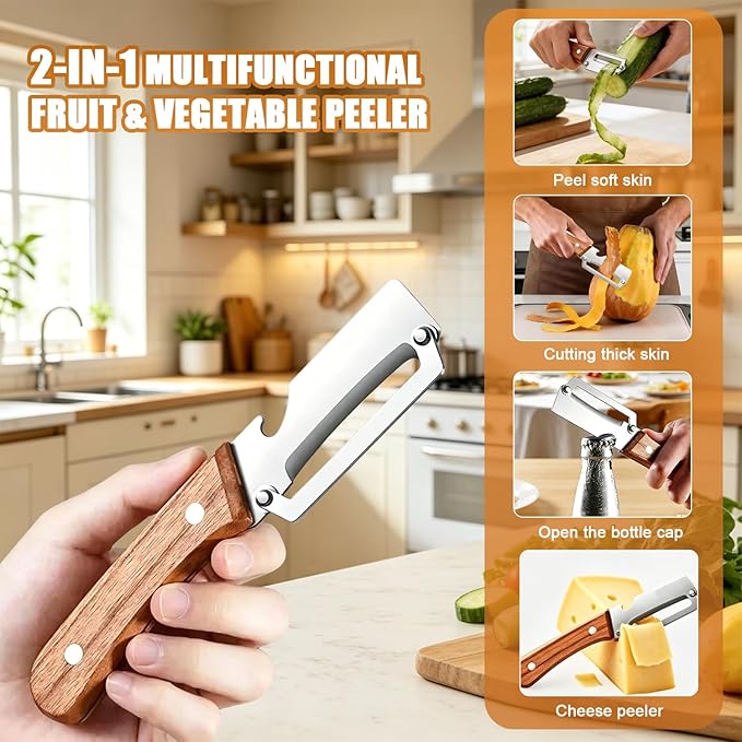 2PCS Multifunctional Vegetable Peeler for Kitchen,2-in-1 Stainless Steel Kitchen Tool with Wooden Handle and Bottle Opener for Fruit Apple Potato Pumpkin Papaya