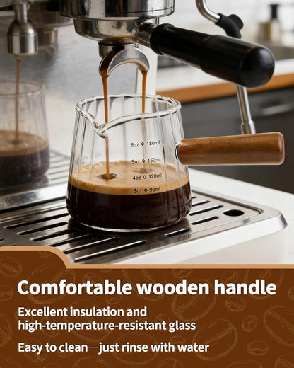 2 Pack Espresso Measuring Cup, 6oz Borosilicate Glass Espresso Cups with Wood Handle, V-Shaped Spout Milk Frothing Cup for Coffee, Tea, Syrup – Dishwasher Safe