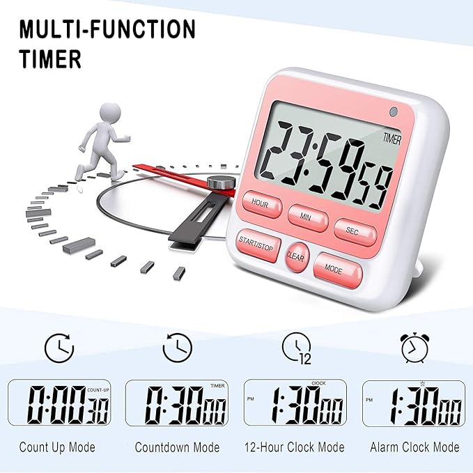 KTKUDY Digital Kitchen Timer with Mute/Loud Alarm Switch ON/Off Switch, 12-Hour Clock & Alarm, Memory Function Count Up & Count Down for Kids Teachers Cooking, Large LCD Display, Strong Magnet (Pink) - Image 4
