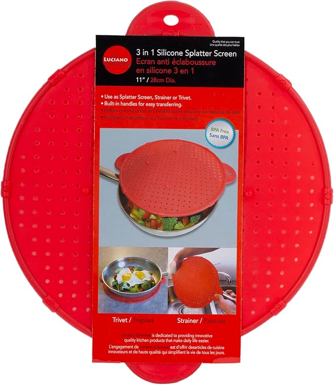 Luciano Housewares Multifunctional Frying Pan Silicone Splatter Screen, Red, Large