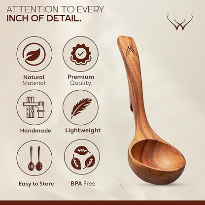 4Pcs Wooden Ladle Set – Teak Wood Soup Spoons with Hook Handles for Cooking, Serving, Stirring – Non-Stick Wooden Spoons for Pot & Bowl Use