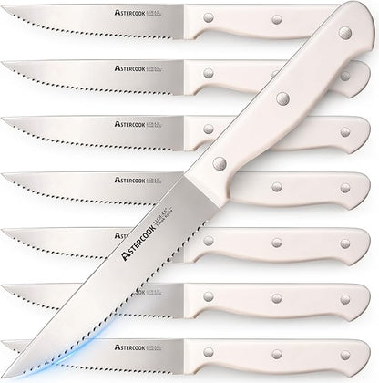 Astercook Steak Knives, Steak Knives Set of 8, High Carbon Stainless Steel Steak Knife Set with Full Tang Handle, Dishwasher Safe Serrated Knife, Elegant Cream White Mothers Day Gifts