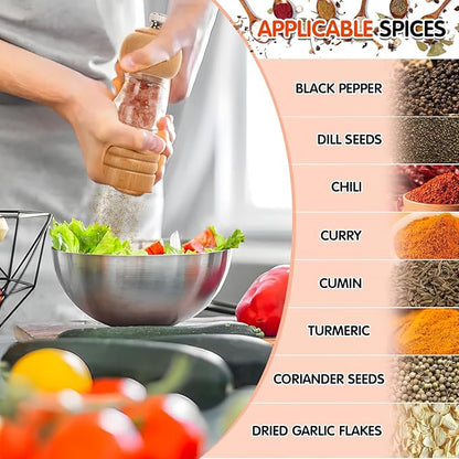 Salt and Pepper Grinder Set,2 PCS 5 Inch Wooden Manual Salt Pepper Mill Grinders for Kitchen,Refillable and Adjustable Grinder for Pepper Salt Spices