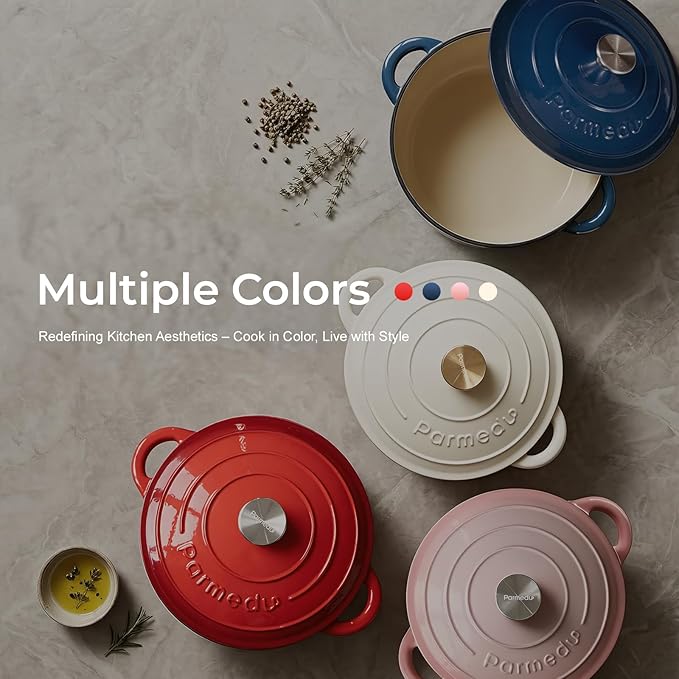 Parmedu 5.5QT Enameled Cast Iron Dutch Oven for Sourdough Bread Baking, Easy Cleaning, Versatile for Stewing, Roasting, Braised Chicken, Soup & More - Image 7