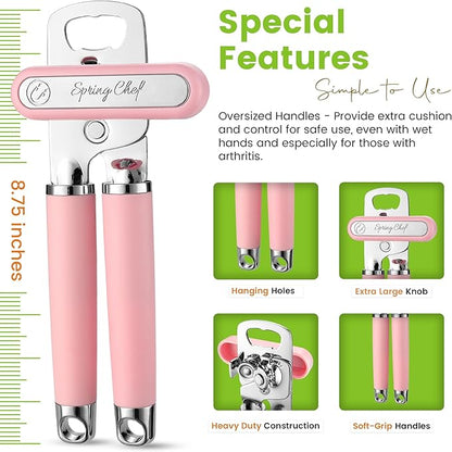 Spring Chef Stainless Steel Can Opener - Manual with Soft Grip Handles, Easy Turn, Heavy Duty Hand Can Openers for Seniors with Smooth Edge - Magnetic Lid Remover - Pink Lemonade - Image 3