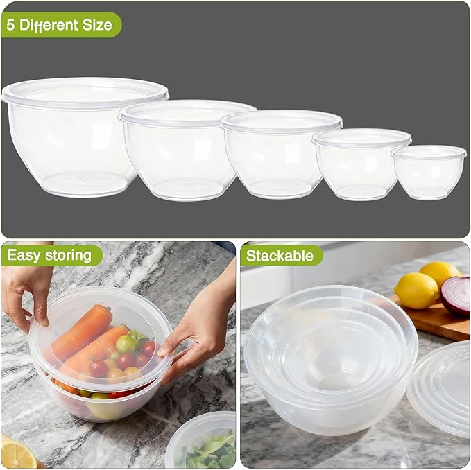 Greentainer Plastic Mixing Bowls with Lids Set for Kitchen, 5 Set Nesting Bowls for Mixing, Baking, Prepping, Cooking and Serving Food, Mixing Bowls Dishwasher, Microwave Safe - Image 5