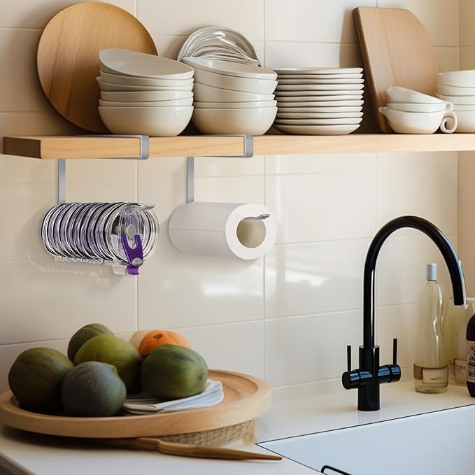 Tumbler Lid Organizer, Horizontal Tumbler Lid Storage Hook Up to 10 Lids, Space Saving Cup Lid Holders Under Cabinet Tumbler Lid Hook for Kitchen Organizer and Storage, Paper Towel Rack Hanger (Gray) - Image 6