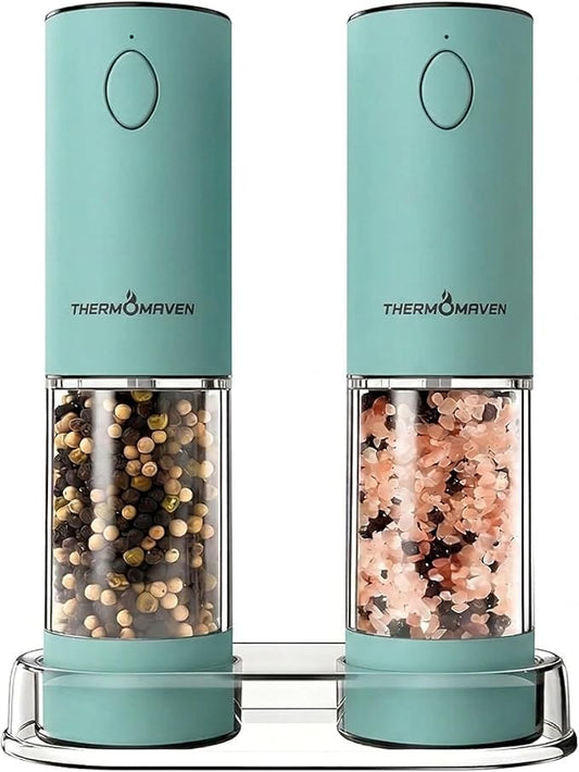 ThermoMaven Electric Salt and Pepper Grinder Set, 110ml Larger Rechargeable Automatic Salt and Pepper Mill Grinder with 6 Adjustable Coarseness, Electric Salt and Pepper Shakers, LED, Mint Green by ThermoMaven