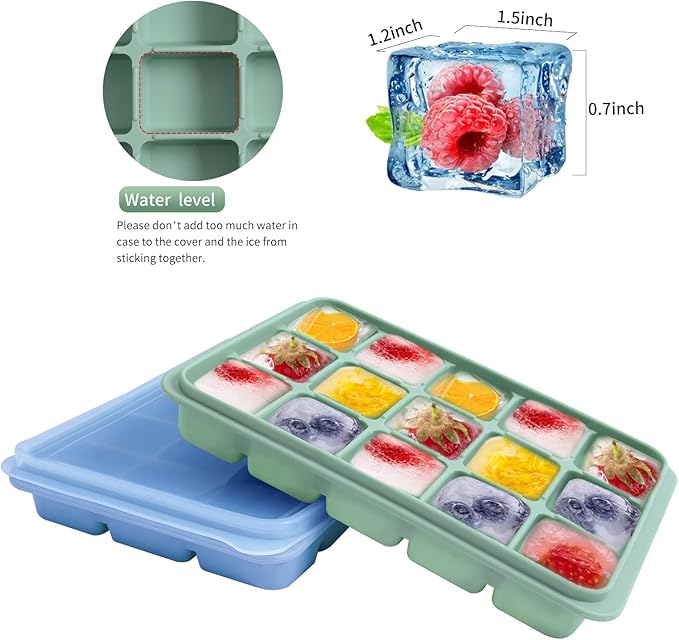 Ice Cube Trays Set of 2, Easy Release 15 Flexible Silicone Ice Cube Molds with Removable Lid Reusable Freezer Ice Trays Stackable for Whiskey, Baby Food, BPA Free (BLUE+GREEN) - Image 3
