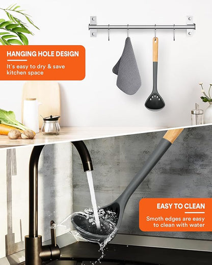 Large Silicone Ladle Spoon for Soup, Non Stick Kitchen Utensils with High Heat Resistant, BPA Free, Perfect Kitchen Tools for Cooking, Stirring,Serving Soups, 13.2inch (Grey)